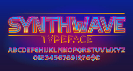  Synthwave alphabet font. Colorful neon letters and numbers. Stock vector typescript for your design.