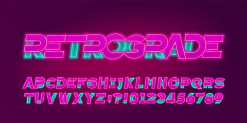  Retrograde alphabet font. Two color neon letters and numbers. Stock vector typescript for your design.