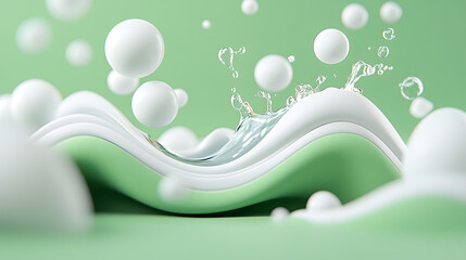 Abstract design with water waves and white spheres on a green background, featuring minimalistic and futuristic style. Ideal for ads, product displays, and creative visuals.