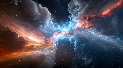 A surreal cosmic scene with blue and red nebulae colliding, creating an intense interplay of lights and shadows. Ideal for sci-fi designs and digital art.