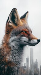 Fototapeta premium Business fox entrepreneurs, Majestic Fox Featuring City Skyline with Blurred Urban Background and Forest Elements