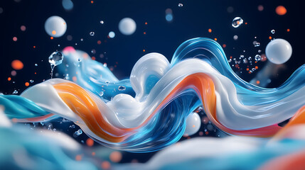 Dynamic abstract scene with blue and orange liquid waves and water droplets, featuring digital art style. Ideal for creative designs, ads, and product displays.