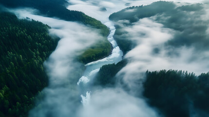 Aerial view of a forest and winding river surrounded by misty clouds, showcasing pristine nature and a tranquil atmosphere. Ideal for eco ads and tourism designs.