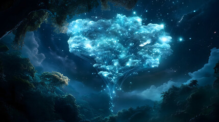 A blue-green fantasy forest scene with a glowing tree and a starry night sky, creating a dreamlike and mysterious atmosphere. Ideal for digital art and design.