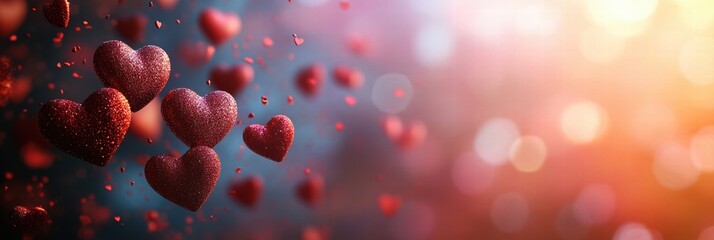 A festive background with red hearts floating in the air, with a soft gradient of pink and red tones as the backdrop