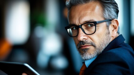 Confident Businessman Portrait:  A Serious Gaze,  Tablet in Hand