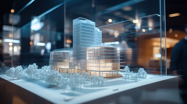 Augmented reality display showcasing building model in commercial real estate development - Powered by Adobe