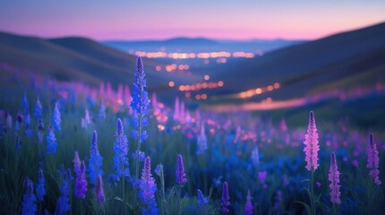 "A serene valley at twilight, filled with vibrant wildflowers in shades of blue, purple, and pink. The foreground showcases tall, detailed blooms, while the background fades into layers...