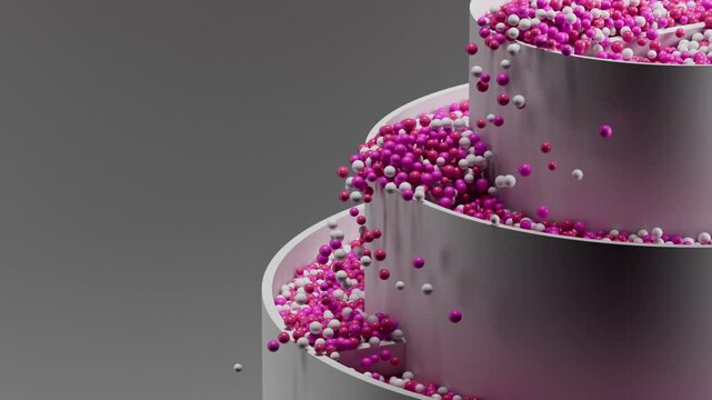 Dynamic 3d abstract background with falling purple and white spheres. Balls mix with each other and fall to the lower level. Minimalistic style with grey background.