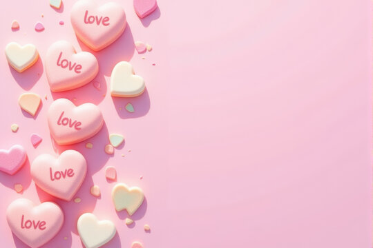 Fototapeta A playful design of heart-shaped candies with "love" inscriptions on a pastel background.