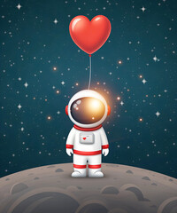 Illustration background of an astronaut holding a red heart balloon. Digital abstract and Valentine's Day inspired elements.
