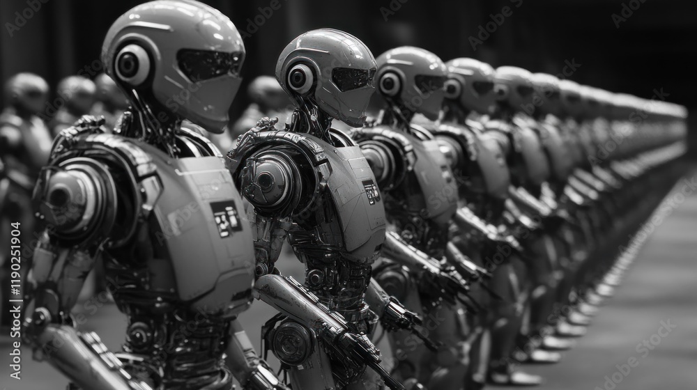 Poster a line of identical robots in monochrome: exploring the future of automation and artificial intellig