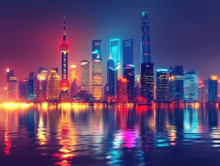 Fototapeta premium A glowing city skyline with neon lights and futuristic architectural shapes