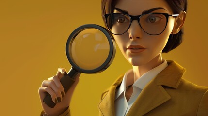 3d render Woman Detective with Magnifying Glass Looking Closely