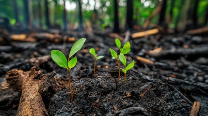 Wildfire Forest Recovery Concept, Small Saplings Sprouting in Forest Floor Surrounded by Blackened Wood after Wildfire Recovery