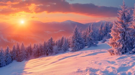 Majestic sunrise in the winter mountains landscap