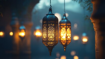 Obraz premium Ornate Metal Lanterns Glow in Serene Twilight Setting