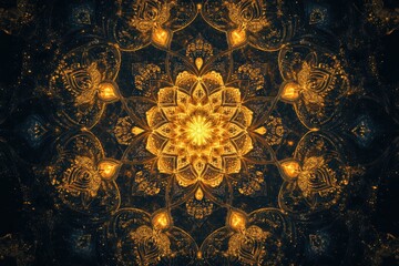 Naklejka premium A golden pattern with intricate details and a glowing effect against a dark background