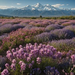 Obraz premium A field of pink and lavender flowers with snowy mountains in the background.