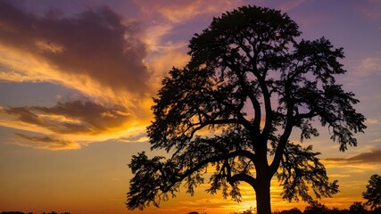 Fototapeta premium Sunset Serenity: A Chestnut Tree Silhouetted Against a Fiery Sky