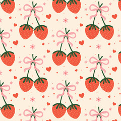 Cute seamless pattern with Strawberry Bow. Vector summer background with strawberries.