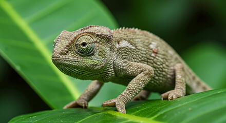 cameleon camouflaged in wide leaves