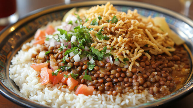 An Egyptian koshari with lentils, rice, pasta, and fried onions, highlighting the role of comfort food in Egyptian culture and its social significance.