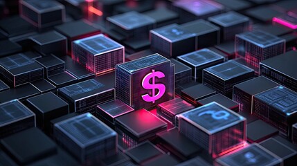 A glowing dollar symbol among digital cubes, representing finance, technology, and the future of currency.