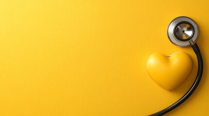 Yellow heart and stethoscope on yellow background.