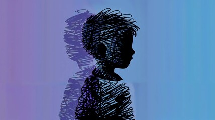  Visual Metaphor of Autism with Gradient Background, Boy Silhouette on Purple and Blue Gradient, Autism Spectrum Illustration with Shadow