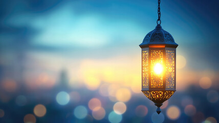Hanging Ramadan lantern with intricate patterns glowing against a blurred city skyline and golden hour sky