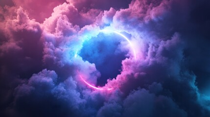 Neon Circle in Celestial Cloudscape: A Dreamlike Digital Artwork