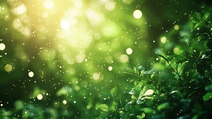 Obraz premium A lush green bokeh background with soft light orbs floating and blending into the background, evoking a natural, organic feel