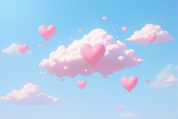 Heart-shaped balloons floating on a soft sky-blue background with clouds.