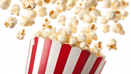 Popcorn flying out of red white striped paper box isolated on white, transparent background, PNG