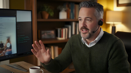 A business coach gives expert advice through an online meeting