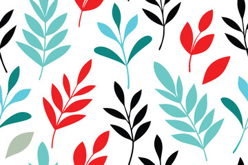 A seamless botanical pattern featuring colorful leaves in vibrant shades of green, orange, and turquoise. Perfect for nature-inspired graphic design, decor, and microstock use.