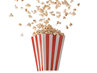 Popcorn flying out of red white striped paper box isolated on white, transparent background, PNG