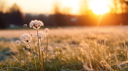 Sunset illuminates fluffy dandelion seed heads in a field
