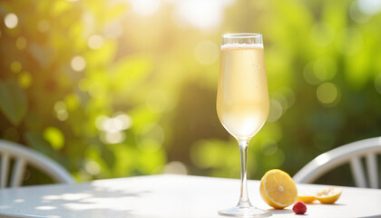 Sparkling mimosa on sunny terrace, celebrating National Mimosa Day, with Copy Space