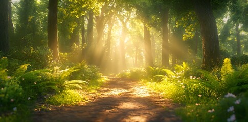 Naklejka premium Sunlit forest path surrounded by lush ferns and wildflowers in the wild
