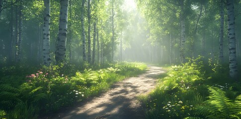 Obraz premium forest path bathed in sunlight with green ferns and wildflowers grow along the edges.