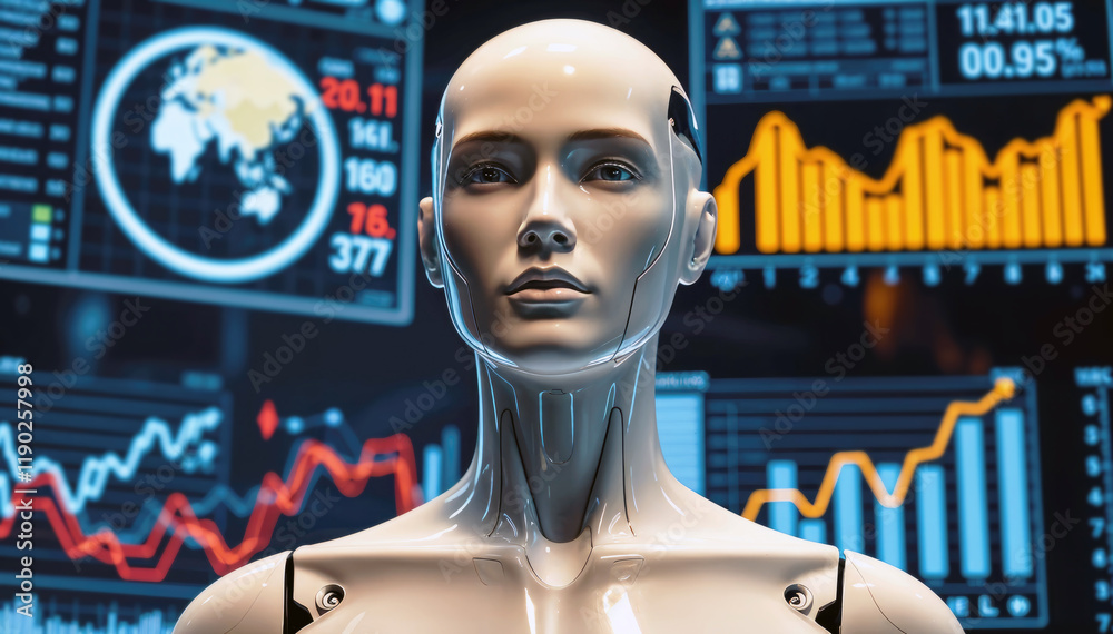 Poster Humanoid robot against backdrop of financial data screens symbolizing AI in finance