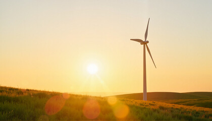 Obraz premium Modern wind turbine standing tall on grassy hill at sunset, Windmill Day