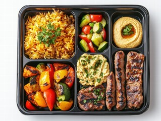 Delicious Turkish Bento Box with Kebabs Pilaf Rice and Grilled Vegetables Culinary Delight Home Close-Up Food Inspiration