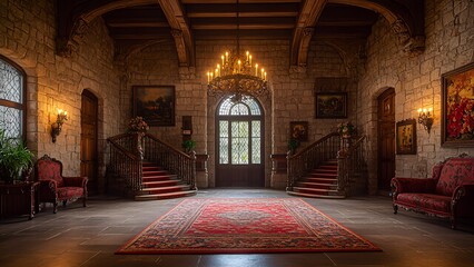 Obraz premium A lavish lobby inside a renovated castle, featuring grand chandeliers, ornate tapestries, and antique furniture, with stone walls and a sweeping staircase leading to the upper floors