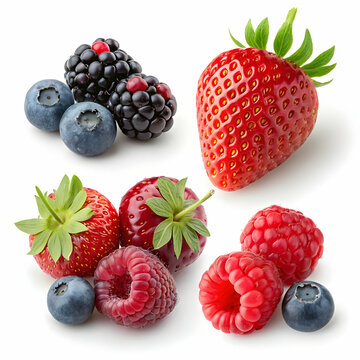 Assorted fresh berry mix featuring raspberries, strawberries, and currants on a white background