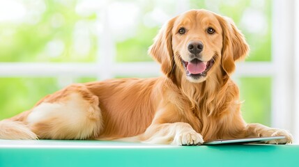 A golden retriever is laying on a green surface with a tablet in its mouth