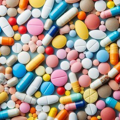 Various pills scattered or arranged focusing on color and shape