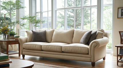 An elegant wheat-colored sofa in a living room with large windows, bathed in natural light.